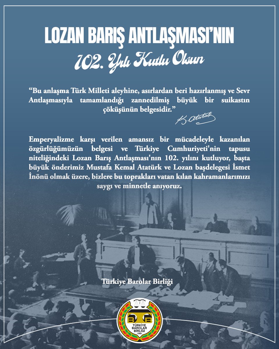 Lozan Barış Antlaşması'nın 102. Yılı Kutlu Olsun

Emperyalizme karşı verilen amansız bir mücadeleyle kazanılan özgürlüğümüzün belgesi ve Türkiye Cumhuriyeti'nin tapusu niteliğindeki Lozan Barış Antlaşması'nın 102. yılını kutluyor, başta büyük önderimiz Mustafa Kemal Atatürk ve
