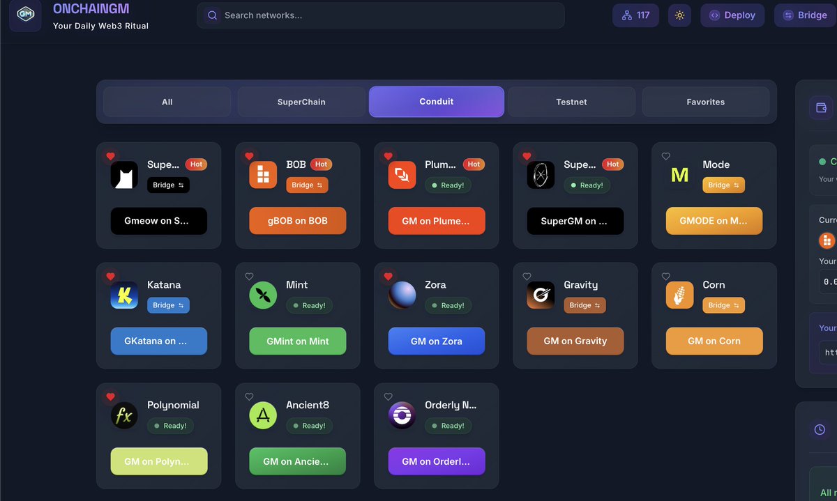 Artık yeni göz bebeğimiz <a href="/conduitxyz/">Conduit</a>

Caldera’dan daha kaliteli zincirler sunuyor, belki de bu bir işarettir 🤨

<a href="/OnChainGm/">OnChainGm</a> üzerinden basitçe Bridge, Swap, GM atabilir ve Deploy yapabilirsiniz

onchaingm.com