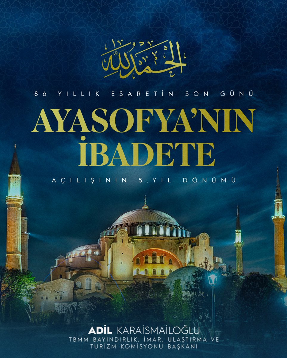 akaraismailoglu's tweet image. Ayasofya ecdadımızın mirasıdır. Bu mirasa sahip çıkmak, tarihimize ve geleceğimize sahip çıkmaktır.
Ayasofya-i Kebir Camii’nin yeniden ibadete açılışının yıl dönümünde; bu tarihi kararı milletimizin iradesiyle buluşturan Cumhurbaşkanımız Sn. @RTErdogan’a şükranlarımı sunuyor,…