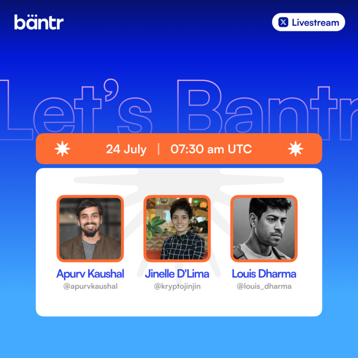Bantr_fun's tweet image. we’re putting Bantr to the test live, AGAIN
with @kryptoJinJin, @Louis_Dharma & our co-founder @apurvkaushal:
-walkthrough of how Bantr works
-honest feedback session
-what we’re building (and breaking)
join us in 1 hour from now!