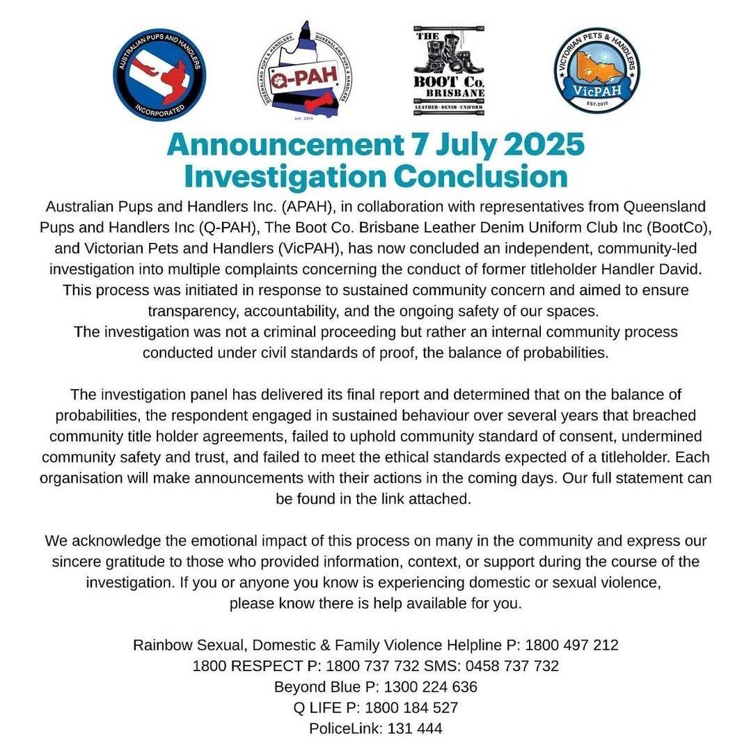 An important note from our committee regarding the recent investigation by representatives of the greater pup community in Australia.