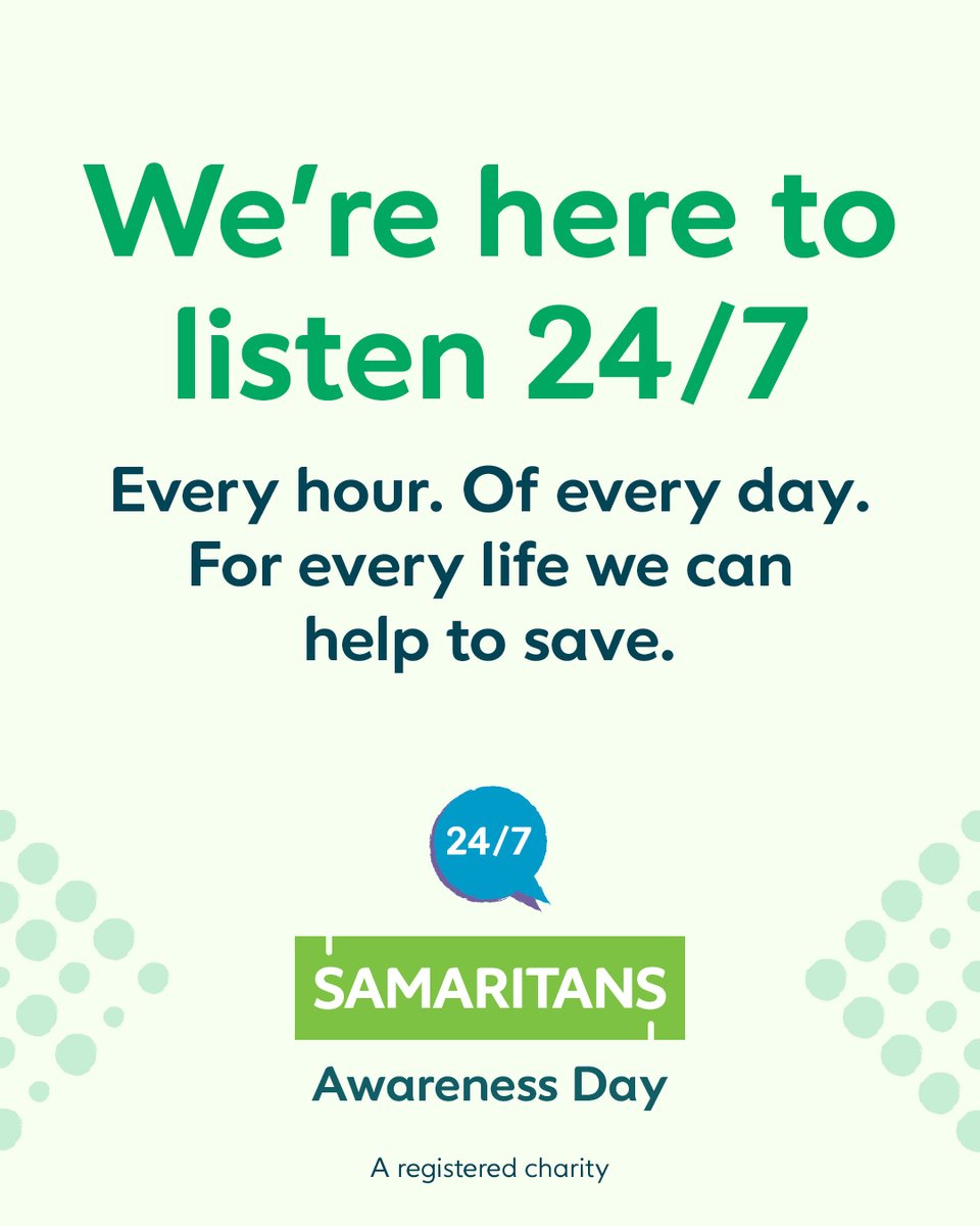 SamaritansIRL's tweet image. Today is 24/7 – #SamaritansAwarenessDay
We’re here 24/7 for anyone who needs us on 116 123 📱
When life is tough, you don't have to face it alone 💚