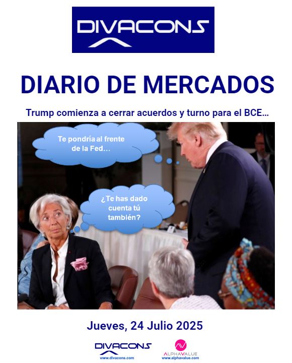 DivaconsSpain's tweet image. DIARIO DE MERCADOS Divacons-AlphaValue Jueves 24 Julio: Trump comienza a cerrar acuerdos y turno para el BCE…
Escribe a info@divacons.es o entra en divacons.com y hazte socio.