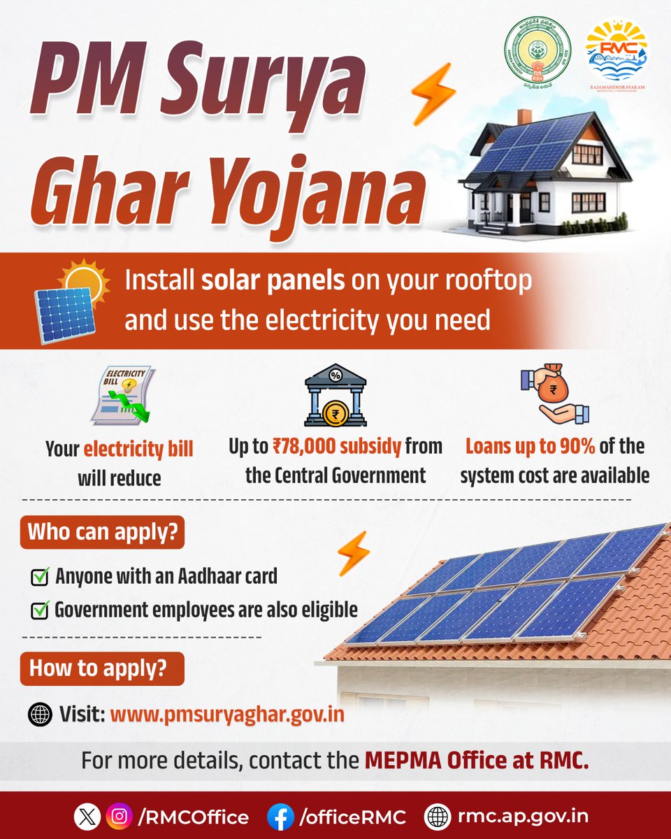 RMCoffice's tweet image. Under the PM Surya Ghar Yojana, you can install solar panels on your rooftop and use solar power for your household needs. This helps in significantly reducing your electricity bill. The central government offers a subsidy of up to ₹78,000, and you can also avail loans up to 90%…