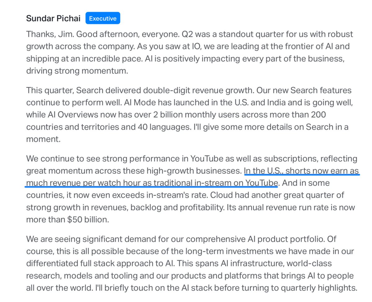 InvestmentTalkk's tweet image. $GOOGL “In the US, shorts now earn as much revenue per watch hour as traditional in-stream on YouTube’’.