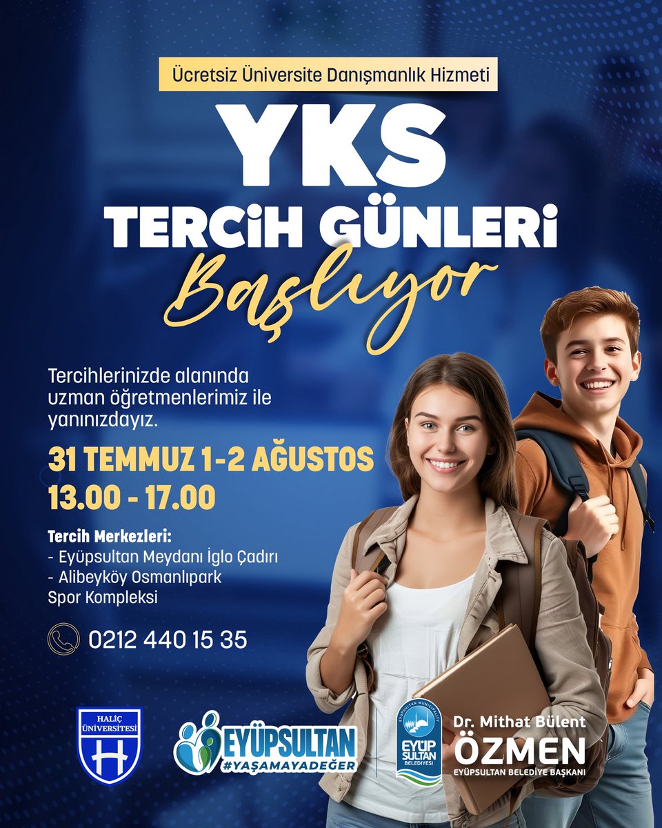 Üniversite yolculuğunda gençlerimizin yanındayız!
Alanında uzman öğretmenler eşliğinde ücretsiz tercih danışmanlığı hizmetimiz sizleri bekliyor. 🎓

⏰ 13.00 - 17.00
📍 Eyüpsultan Meydanı İglo Çadırı
📍 Alibeyköy Osmanlıpark Spor Kompleksi
📞 0212 440 15 35

#Eyüpsultan #YKS2025