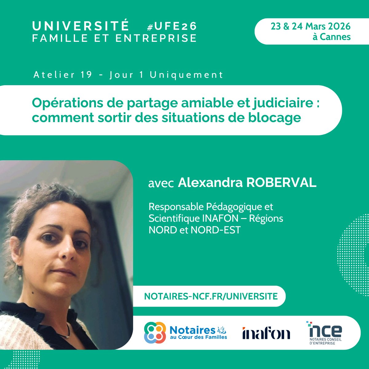 [UNIVERSITE FAMILLE &amp; ENTREPRISE 2026] #UFE26

✨ Atelier 19 : Opérations de partage amiable et judiciaire : comment sortir des situations de blocage 🚀

📆 23 &amp; 24 Mars 2026
📍 Hôtel Barrière Le Majestic &amp; Gray d'Albion à Cannes

#notaires #notaire