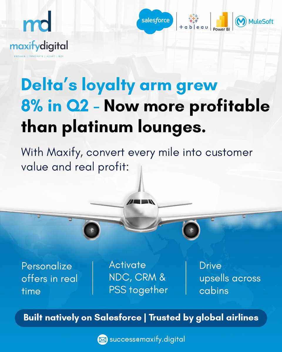Airlines aren’t just competing on fares, they’re competing on lifetime value.

🎯 Predict spend
✈️ Trigger upgrades
💰 Drive ancillaries
Only possible when CRM, PSS &amp; loyalty systems talk.

At Maxify Digital, we make that happen.

#Aviation #Airlines #Salesforce #CRM