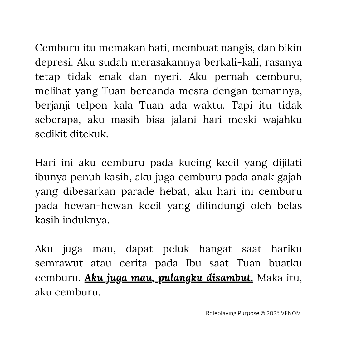 menakmenik's tweet image. ️️

𝗖𝗘𝗠𝗕𝗨𝗥𝗨. 

Hari ini aku jumpa gajah lewat genggamanku, sedang bermain riang dibawah lindung sang induk. Lalu lewat juga, ibu kucing yang sedang sibuk pindahkan anaknya kesana kemari sebab rasanya tak aman di tempat kemarin. Rasanya, hangat. Aku iri, mau juga.

️️