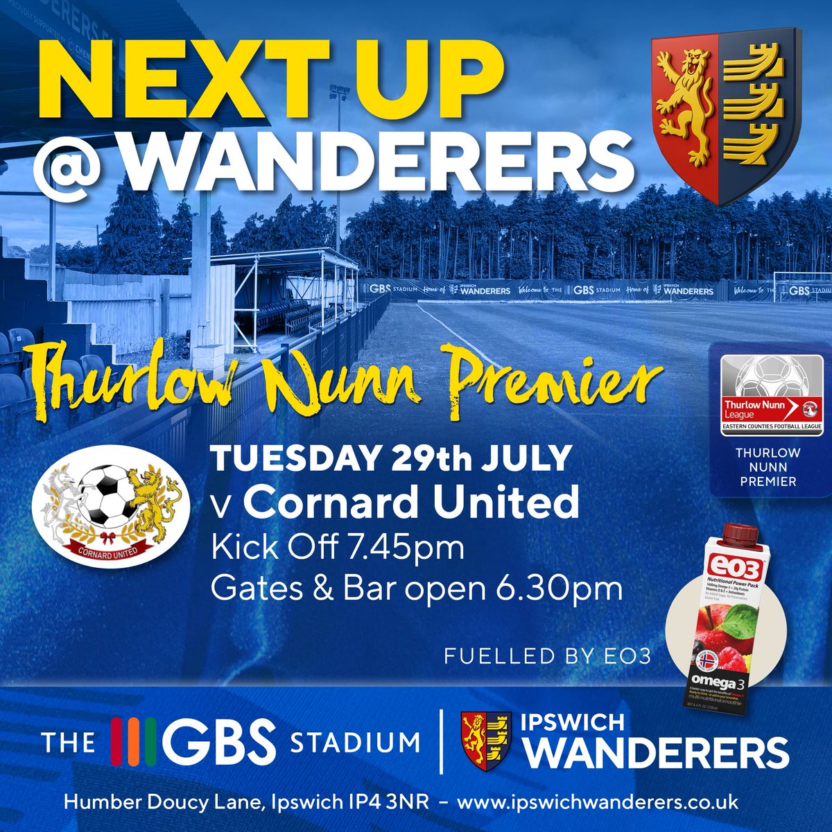 NEXT UP @ The <a href="/GBSBuildersLTD/">GBS Builders (Ipswich) LTD</a> Stadium:
<a href="/_IWFC/">Ipswich Wanderers FC</a> v <a href="/CornardUtdFC/">Cornard United F.C</a> 
Tues 29th July 7.45pm 
<a href="/ThurlowNunnL/">TNL</a> Premier
Gates/Bar Open 6.30pm
Entry £9 Adults, £5 Conc / Young Adult (16-21), u16s £3, u11 free
Hot food
Merch
OFFER: FREE CHIPS FOR U16s WITH VOUCHER.
#nonleague #fuelledbyEO3