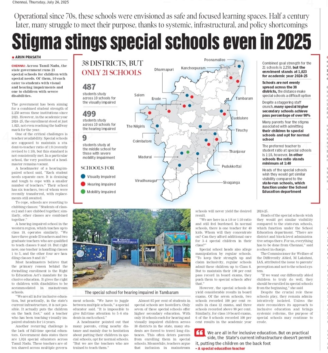 TN has 21 govt scls for kids who need special care. One of highest in Ind operating since 70s. BUT, its not reaping its full potent due to  root level administrative hiccups &amp; parent's preference towards mainstream schools due to stigma. 
rb.gy/ea9ptu