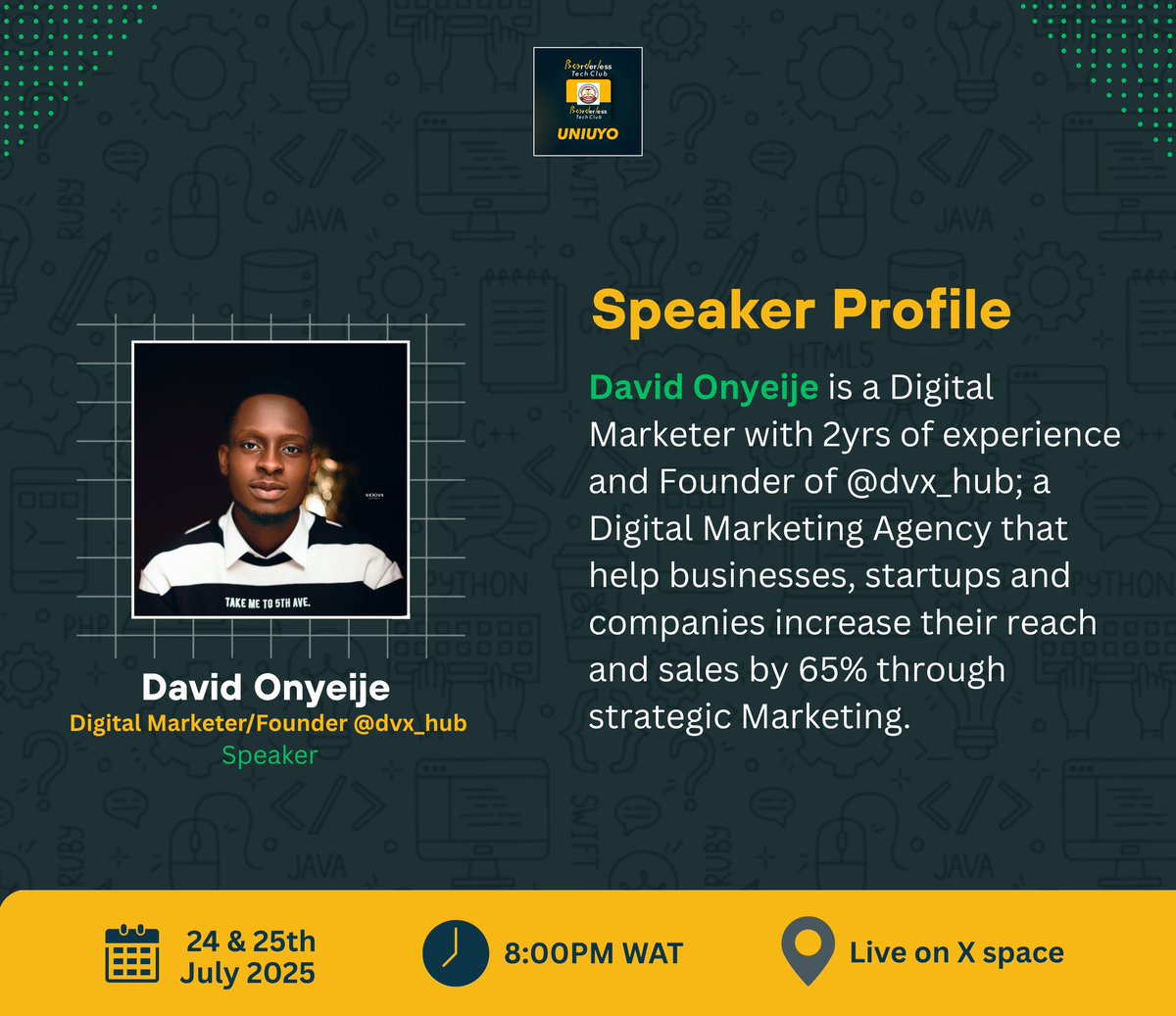 Borderless Tech Club, Uniuyo (@btcuniuyo) on Twitter photo You’ve been posting content since January...still no clients, no sales?😩
What if the problem isn’t you, but your strategy?
<a href="/david_onyeije/">David Onyeije | Borderless 4.0</a>, a Digital Marketer who’s helped businesses grow their sales by 65% will show you how to stop guessing and start real marketing!📊😉 You’ve been posting content since January...still no clients, no sales?😩
What if the problem isn’t you, but your strategy?
<a href="/david_onyeije/">David Onyeije | Borderless 4.0</a>, a Digital Marketer who’s helped businesses grow their sales by 65% will show you how to stop guessing and start real marketing!📊😉