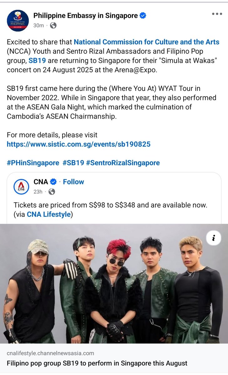 jāmpāwlo シ︎ (@jamouise18) on Twitter photo Apart from the international feature in CNA, the Philippine Embassy in Singapore also shows its support by promoting SB19's concert this August 💙
sino ba namang hindi magiging proud nito?! 🥹
facebook.com/share/p/19CSi9…
<a href="/SB19Official/">SB19 Official</a> #SB19
#SaWWorldTourSingapore Apart from the international feature in CNA, the Philippine Embassy in Singapore also shows its support by promoting SB19's concert this August 💙
sino ba namang hindi magiging proud nito?! 🥹
facebook.com/share/p/19CSi9…
<a href="/SB19Official/">SB19 Official</a> #SB19
#SaWWorldTourSingapore