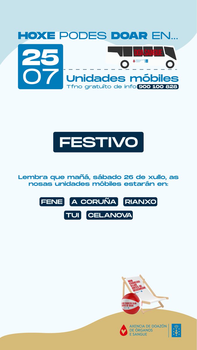 Hoxe é festivo, pero mañá as #unidadesmóbiles estarán de novo dispoñibles para que poidas #doarsangue
¡Xuntos podemos salvar vidas!