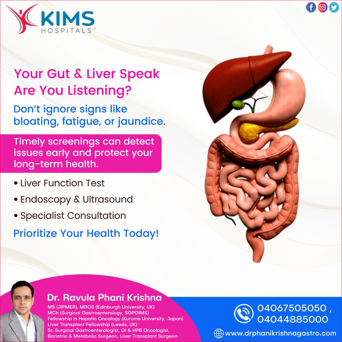 ravula_phani's tweet photo. Your #gut and #liver are speaking—are you listening? Don’t ignore bloating, fatigue, or jaundice. Get screened today with #LFT, endoscopy, and expert #consultation. Early care means better health!

Website : https://t.co/kVc01aBRMH
Google Location : https://t.co/rMlGDN79Zq https://t.co/VS34VJyENN