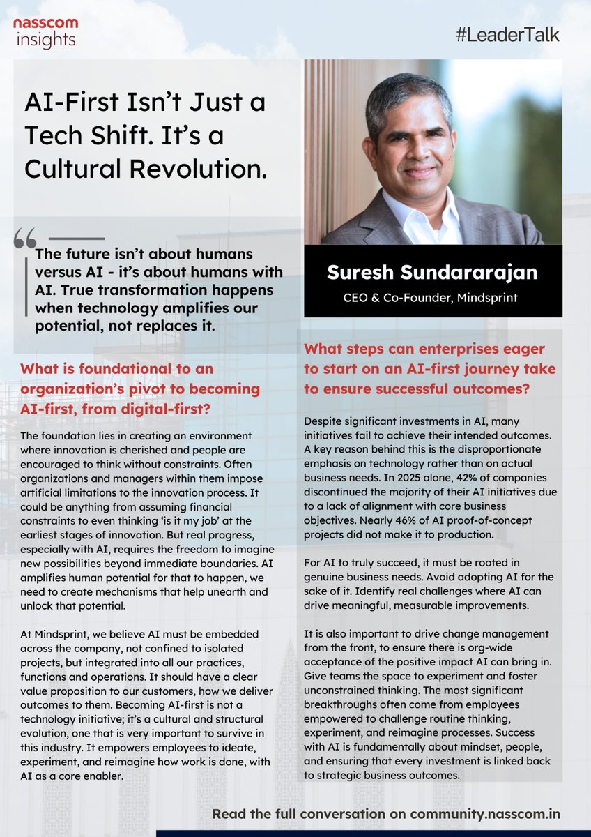 NasscomR's tweet image. Ready to pivot from digital-first to AI-first? || #LeaderTalk

The latest nasscom Community Leader Talk features Suresh Sundararajan, CEO &amp;amp; Co-founder of @MindsprintGlobl , who shares what it takes to integrate AI into the core of enterprise strategy.

This insightful…