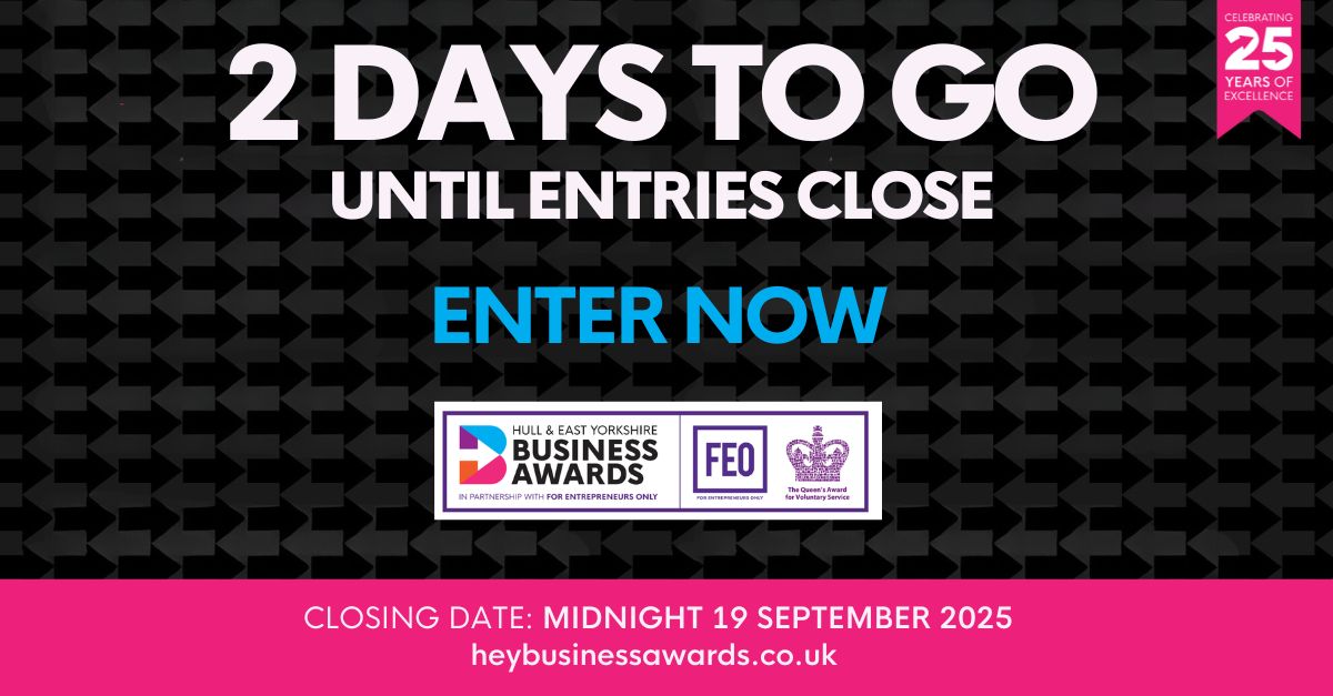 ⏳ 2 days to go!
Entries close Friday &amp; they’re coming in faster than a you can say 'best in business'!
Got yours in yet?
 heybusinessawards.co.uk
#HEYBA #DeadlineAlert
<a href="/FEOHull/">ForEntrepreneursOnly</a>