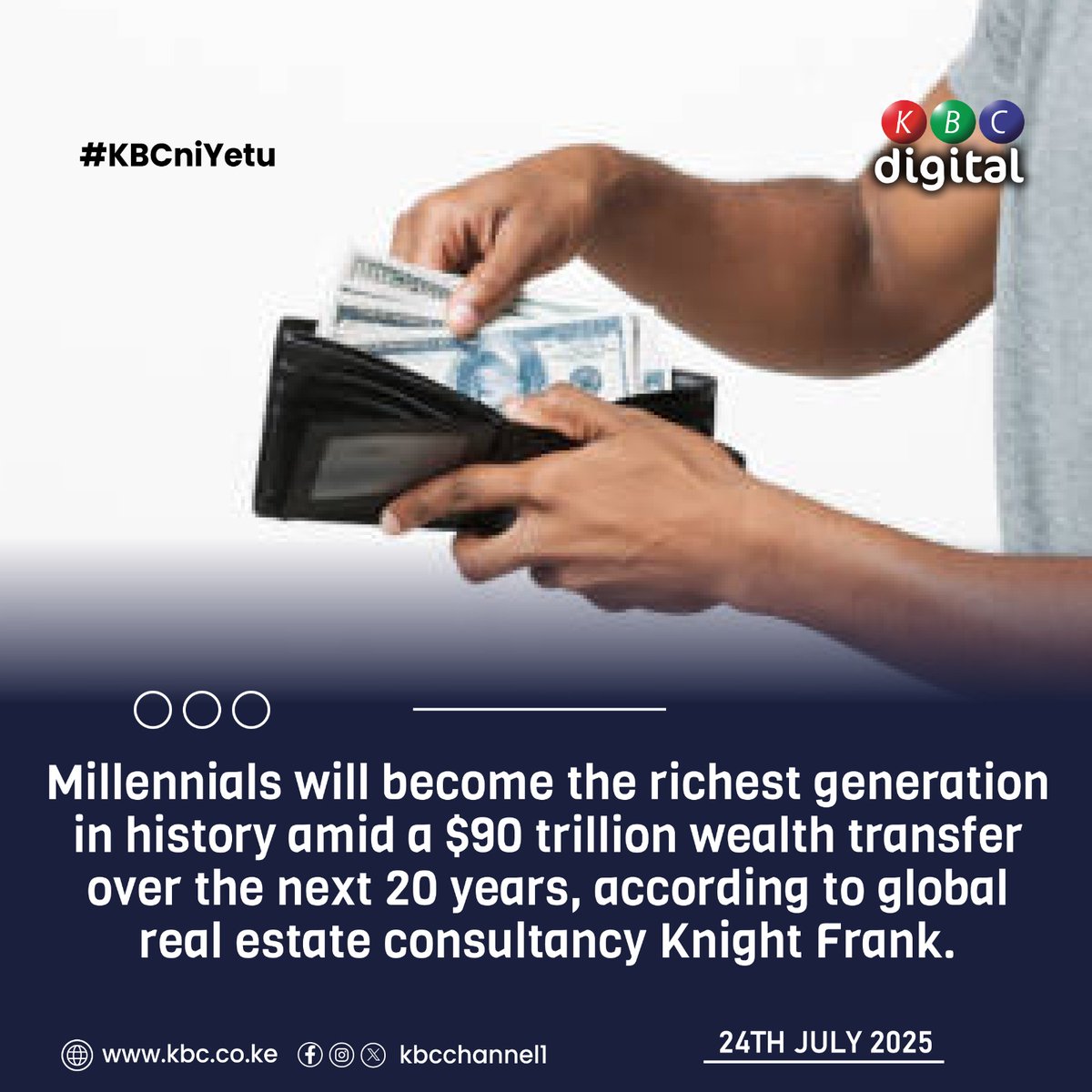 Millennials will become the richest generation in history amid a $90 trillion wealth transfer over the next 20 years, according to global real estate consultancy Knight Frank.
#KBCniYetu ^RO