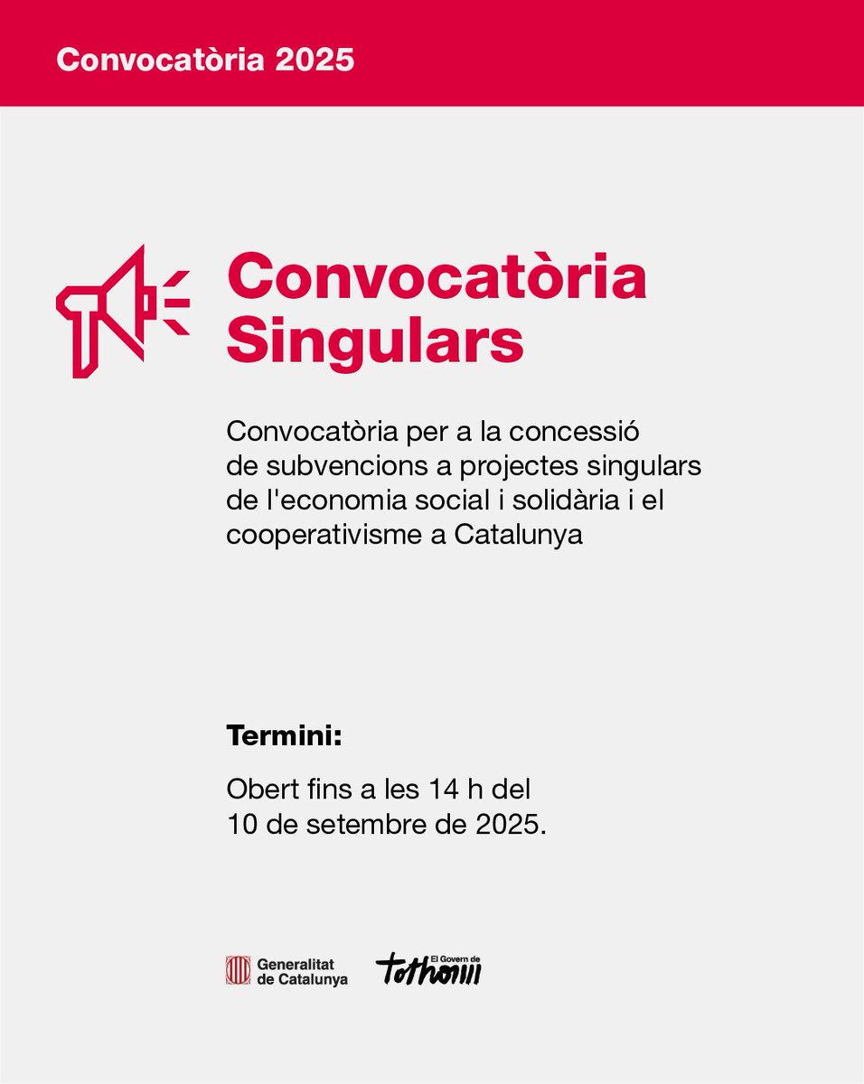 📝 Oberta la convoctòria de Projectes Singulars de l'ESS i el cooperativisme.

Enllaç al DOGC 🔗 dogc.gencat.cat/ca/document-de…

📆 Termini de presentació de sol·licituds: fins el 10 de setembre a les 14 h