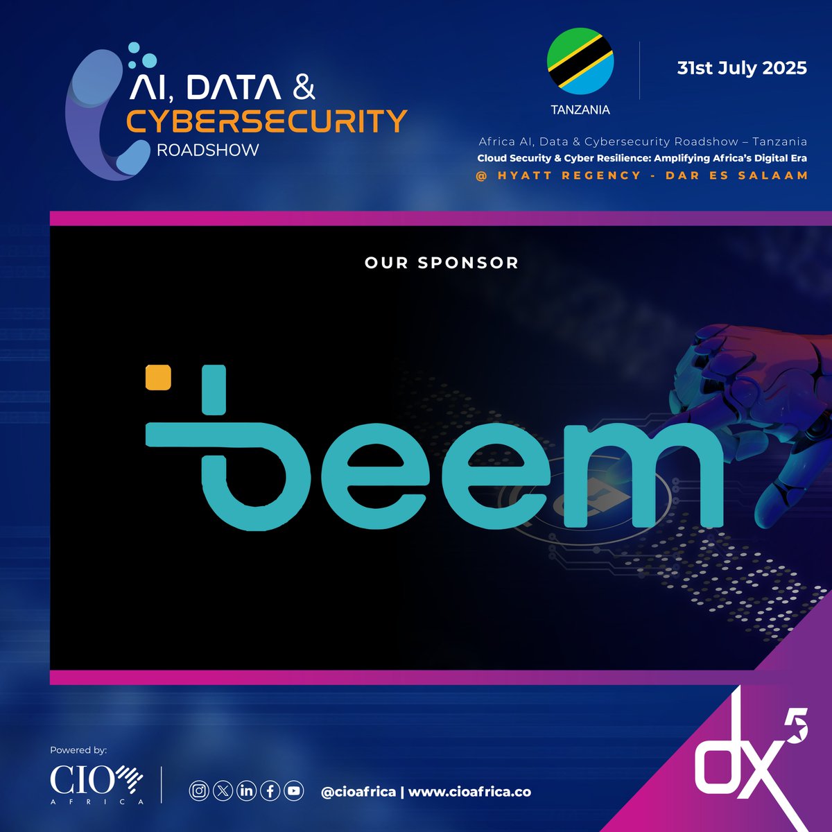dx5ve's tweet image. We’re excited to partner with Beem as a sponsor of the AI, Data & Cybersecurity Roadshow – Tanzania!
Beem is a pan-African communication and engagement platform enabling businesses to connect, engage, and grow using intelligent messaging and mobile technology. As AI and data…