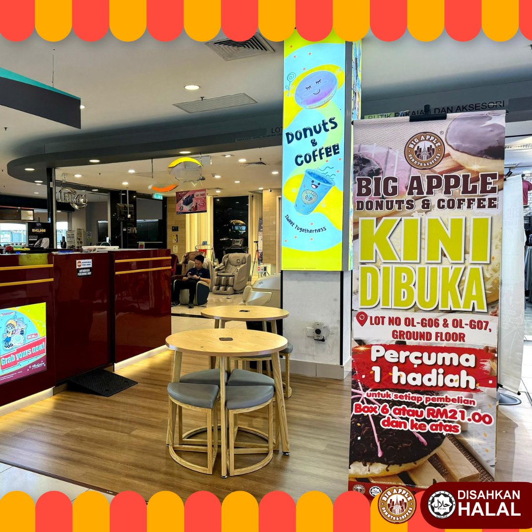 Hello Melaka! 🍩💛
Big Apple Donuts &amp; Coffee now OPEN kat Lotus’s Melaka Cheng – Lot OL-G06 &amp; OL-G07!
Kalau tengah jalan-jalan cari something manis or craving for donut, you know where to go 😋☕

Datanglah singgah and try our freshly made donuts – confirm boleh repeat!

##melaka