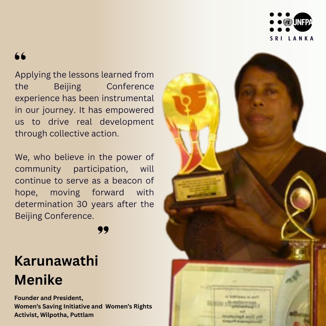 UNFPASriLanka's tweet image. “We, once confined to the kitchen, broke barriers, becoming masons, bricklayers, and leaders.” — Karunawathi Menike
Part of Reflections from Beijing – Sri Lanka, 30 years on from the Beijing Conference.
🔗 unf.pa/4lKEbSU