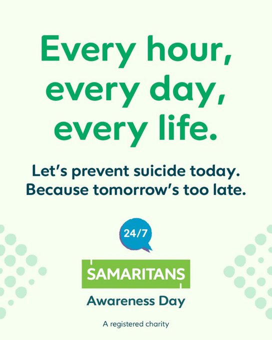 Samaritans of Waltham Forest (@samaritanswf) on Twitter photo Today is 24/7, which means it's #SamaritansAwarenessDay. Spread the word: we are here 24/7, every day of the year, to listen to anyone who's going through a tough time in their lives. 💚
Call us free on 📞116 123 or email jo@samaritans.org. Today is 24/7, which means it's #SamaritansAwarenessDay. Spread the word: we are here 24/7, every day of the year, to listen to anyone who's going through a tough time in their lives. 💚
Call us free on 📞116 123 or email jo@samaritans.org.