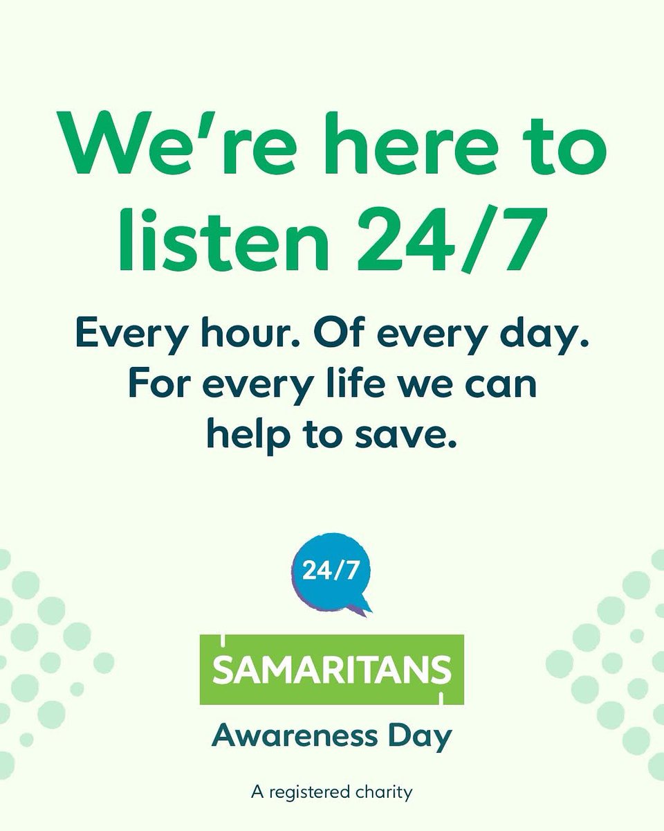 MayoSamaritans's tweet image. Today is 24/7 – #SamaritansAwarenessDay. We’re here 24/7 for anyone who needs us on 116 123 📱
When life is tough, you don't have to face it alone 💚