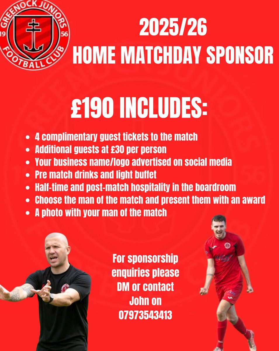 🚨SPONSORSHIP OPPORTUNITY🚨

Put your brand or company in the spotlight and support local football! We’re offering matchday sponsorship for upcoming home fixtures⚽️

✅ Brand exposure
✅ Social media shoutouts
✅ Select man of the match
✅ Hospitality perks