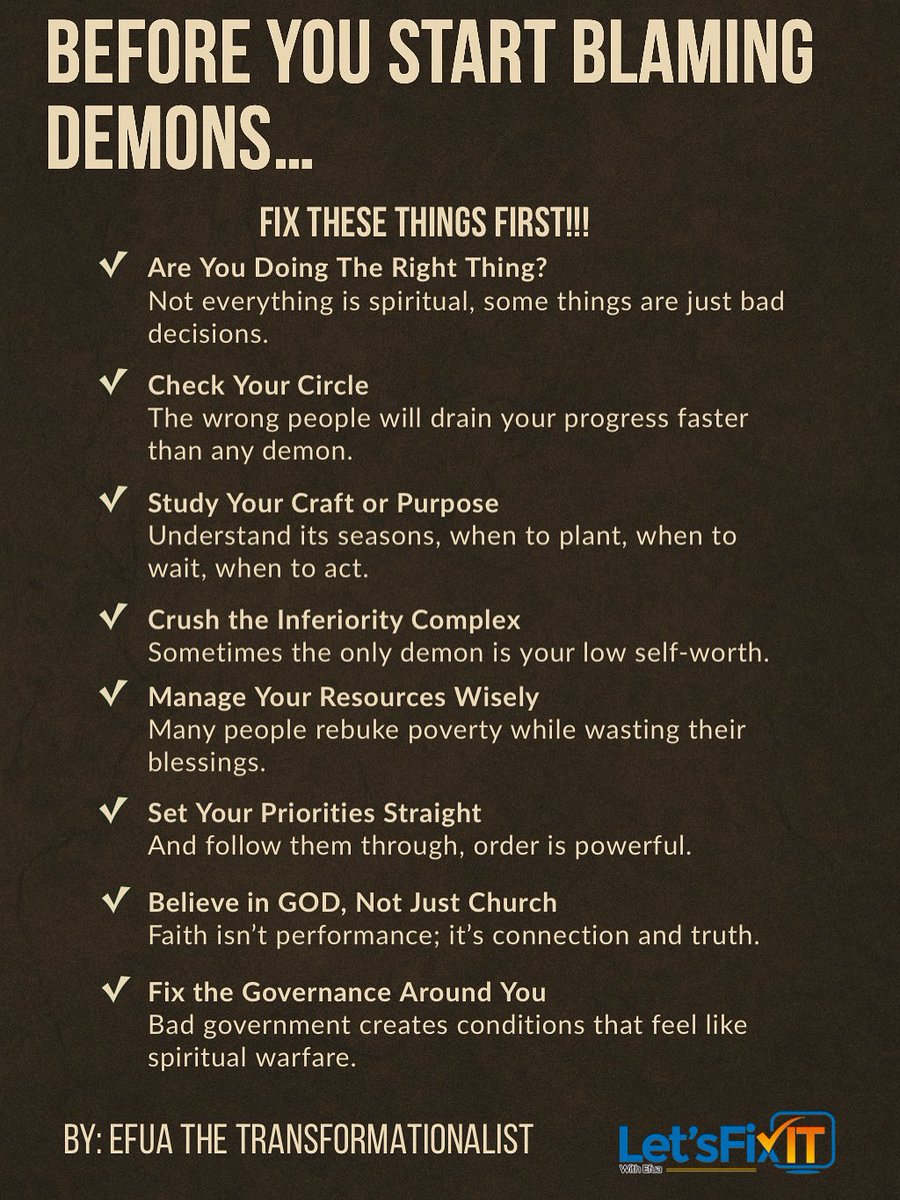 letsfixwithefua's tweet image. Many things we call “spiritual battles” are actually results of poor planning, wrong priorities, and bad leadership.

Fix these… then you’ll see clearly who the real enemy is.

Share and tag someone who needs this.

#EfuaTheTransformationalist #LetsFixItWithEfua #MindShift