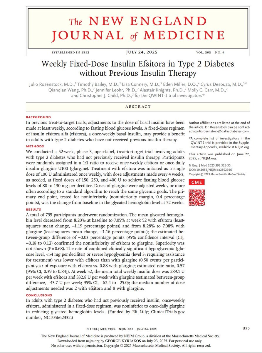 giorg_kyriakos's tweet image. 📌 #QWINT-1: Weekly insulin #efsitora vs daily glargine in #T2D (insulin-naïve)

🗓️ 1 vs 7 injections/week
📉 HbA1c: −1.19% vs −1.16%
🎯 HbA1c &amp;lt;7%: 57% vs 52%
⚠️ 43% ↓ significant hypoglycemia
💉 Median dose: 28 IU/week vs 20 IU/day
@NEJM
🔗 doi.org/10.1056/NEJMoa…
