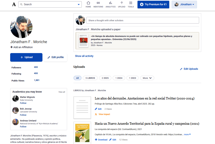 Por si fuese de algún interés, actualicé mi perfil en <a href="/academia/">Academia</a> con textos desde inicios de los 90 hasta ahora (*). Pasen si gustan ➡️ independent.academia.edu/jfmoriche

(*) Algunos tenemos el raro privilegio de no tener que borrar ni uno solo ni de nuestros pasos ni de nuestros textos 😏