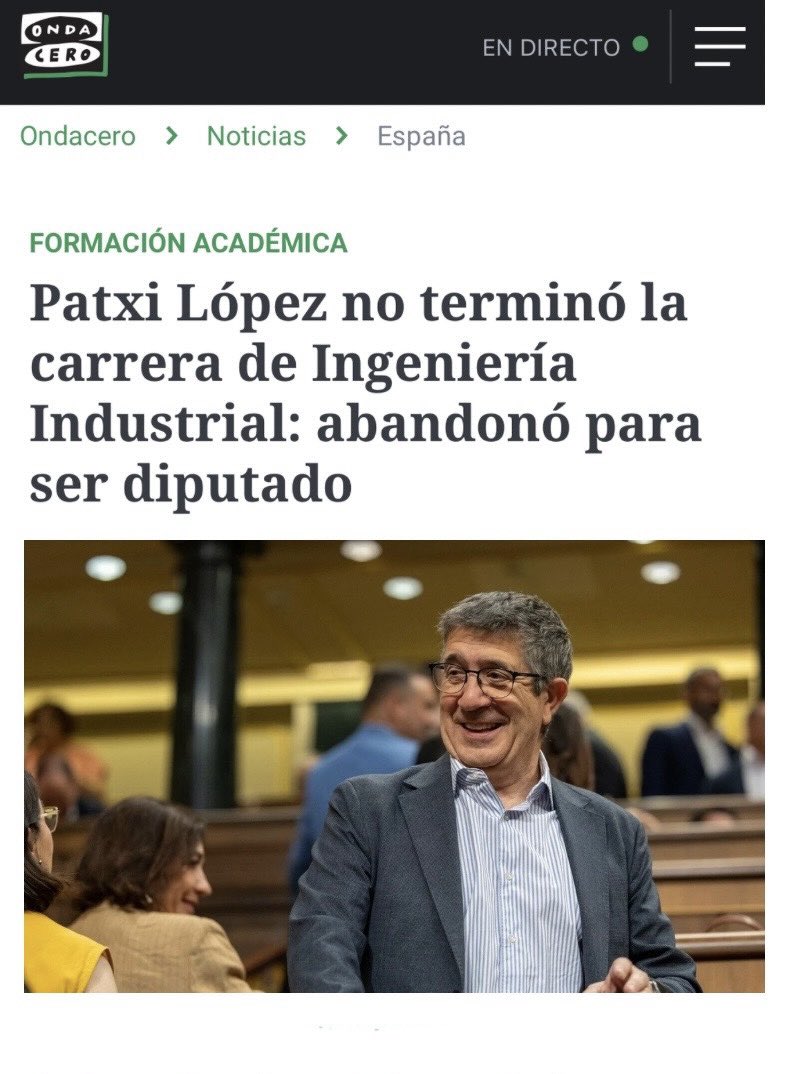 PP Comunidad de Madrid (@ppmadrid) on Twitter photo Vamos a ver qué tal anda de decencia <a href="/patxilopez/">patxilopez</a>.
En la web del Congreso de los Diputados aparece que has estudiado Ingeniería Industrial en la Universidad del País Vasco.
Has mentido. No acabaste la carrera.
DIMITE. Vamos a ver qué tal anda de decencia <a href="/patxilopez/">patxilopez</a>.
En la web del Congreso de los Diputados aparece que has estudiado Ingeniería Industrial en la Universidad del País Vasco.
Has mentido. No acabaste la carrera.
DIMITE.