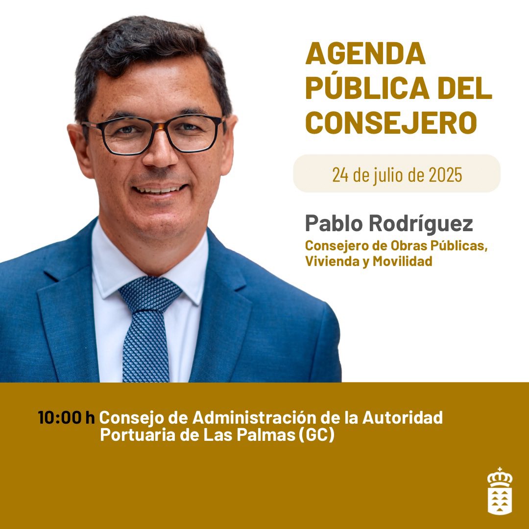 Obras Públicas GobCan (@obras_gobcan) on Twitter photo Esta es la agenda pública del consejero <a href="/PabloRodriguezV/">Pablo Rodríguez Valido</a>
🗓️ 24 de julio
🕙 10:00 h Consejo de Administración de la Autoridad Portuaria de Las Palmas (GC) Esta es la agenda pública del consejero <a href="/PabloRodriguezV/">Pablo Rodríguez Valido</a>
🗓️ 24 de julio
🕙 10:00 h Consejo de Administración de la Autoridad Portuaria de Las Palmas (GC)