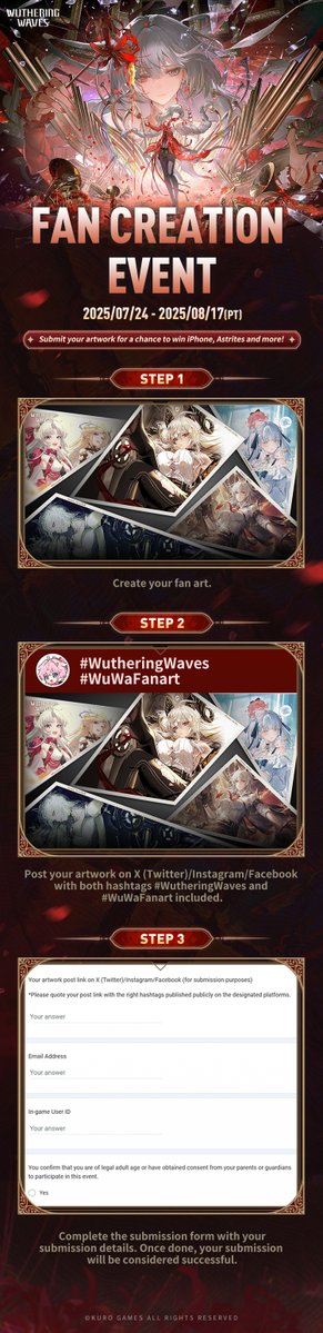 Wuthering_Waves's tweet image. Dear Rovers,
Wuthering Waves Fan Creation Event "Unfading Melody of Life" is now live! Post your work with hashtags #WutheringWaves and #WuWaFanart on X (Twitter)/Instagram/Facebook and fill out the form for a chance to win iPhone 16 Pro 512GB, Astrites and more!
Create your…