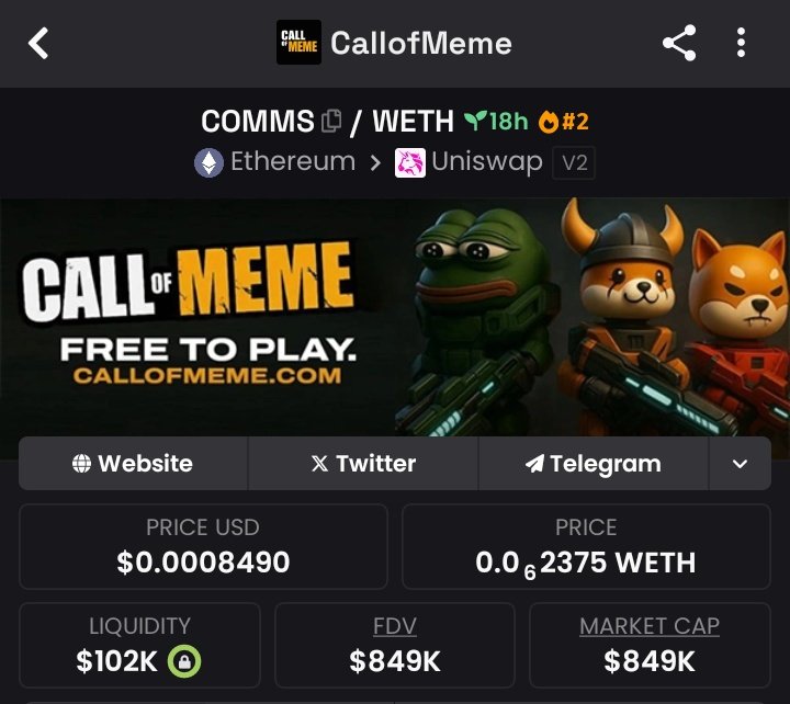 cryptoraiyan's tweet image. $COMMS | 18H old
Fresh out the oven 🍳 — Call of Meme is here and it’s free-to-play.
Built for meme gamers, powered by vibes, and rocking a tiny $849K market cap.
Website? 👉 callofmeme.com
Could this be the next cult classic? 👀