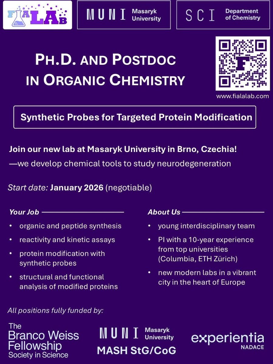 PhD &amp; PostDoc opportunities available in Organic Chemistry, Synthetic Probes for Targeted Protein Modification at Masaryk University, Czech Republic 🇨🇿 muni.cz/en