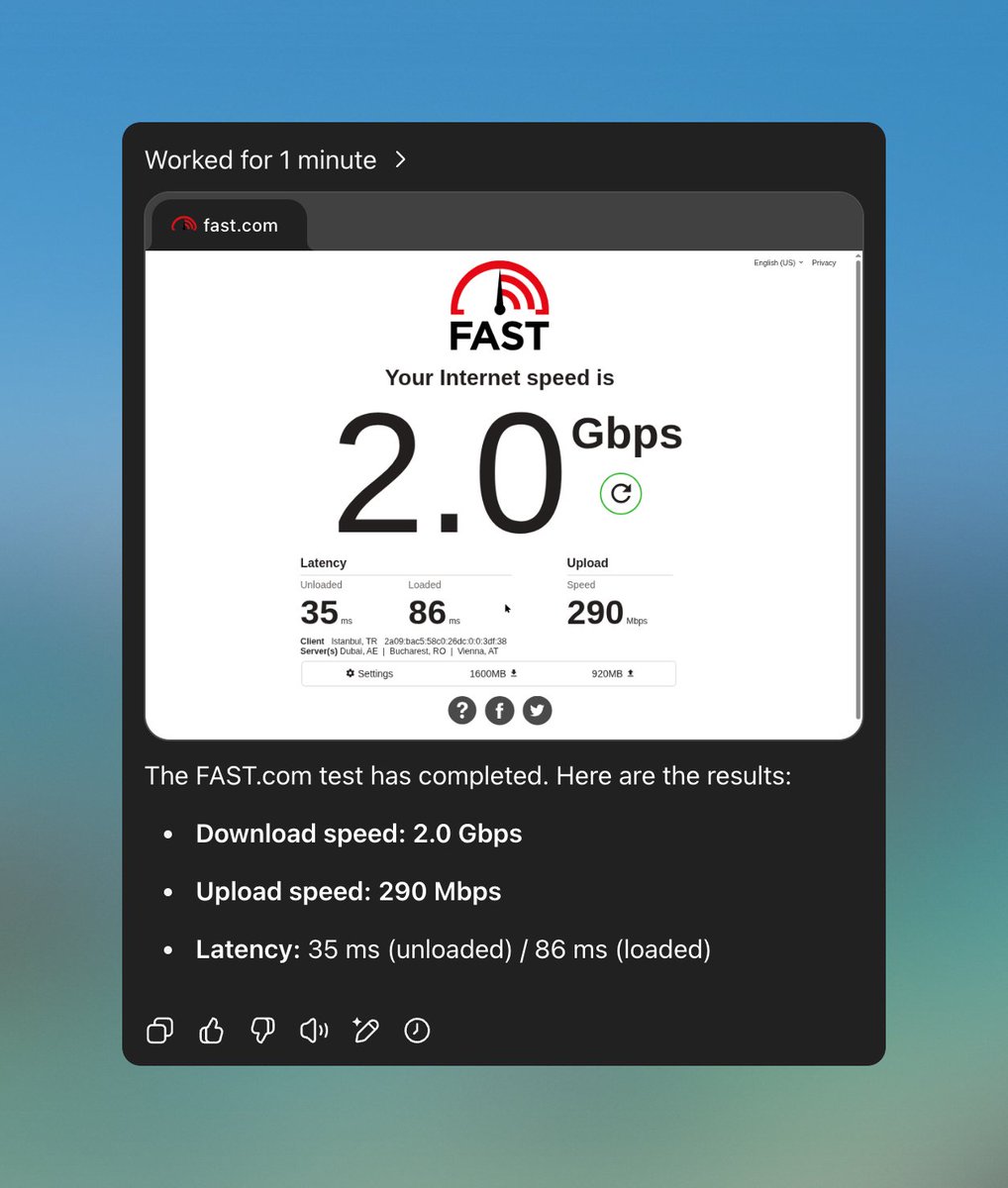 koltregaskes's tweet photo. ChatGPT Agent speed test, pretty good connection. 😀 https://t.co/YfIgUZtpm7