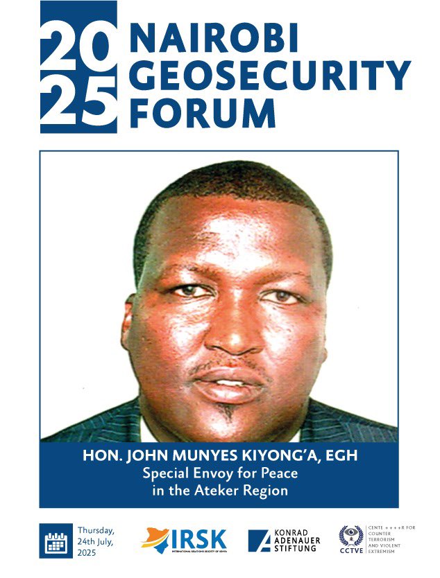 KAS_Kenya's tweet image. Today, @KAS_Kenya joins @IntRelationsKe &amp;amp; @uonbi to co-host, #NairobiGeoSecurityForum, a forum on Kenya’s strategic role and security priorities
We look forward to insights from:
• Hon. John Munyes Kiyong’a
• Dr. Winnie Rugutt
• Brig. (Rtd) Willy Sidwaka
• Dr. Nicodemus Minde
