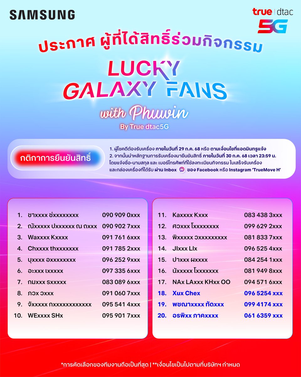 🎉 ประกาศรายชื่อผู้ได้รับสิทธิ์ร่วมกิจกรรม
Lucky Galaxy Fans with Phuwin 🐼✨

📌 กติกาการยืนยันสิทธิ์
1️⃣ ผู้โชคดีต้องรับเครื่อง ภายในวันที่ 29 ก.ค. 68 หรือตามที่แอดมินทรูแจ้งผ่าน Inbox
2️⃣ หลังจากรับเครื่องแล้ว ต้องส่งหลักฐานการรับเครื่อง ภายในวันที่ 30 ก.ค. 68 เวลา 23:59 น.
📩