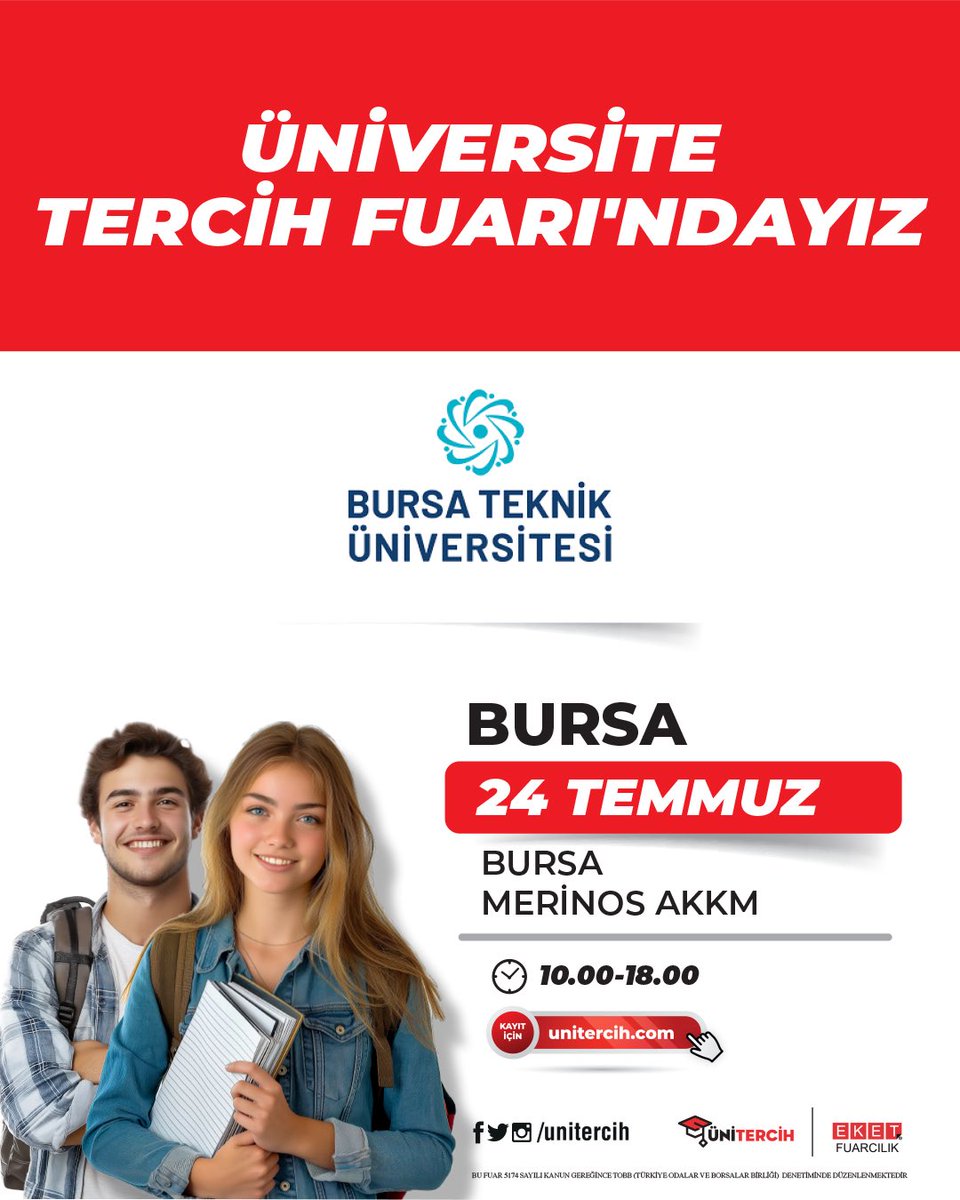 Üniversite yolculuğunda karar zamanı!
📍 Bugün Bursa Merinos AKKM’deyiz.
Sorularını yanıtlamak, BTÜ’yü yakından tanıtmak için seni standımıza bekliyoruz!
🕙 10.00 - 18.00
