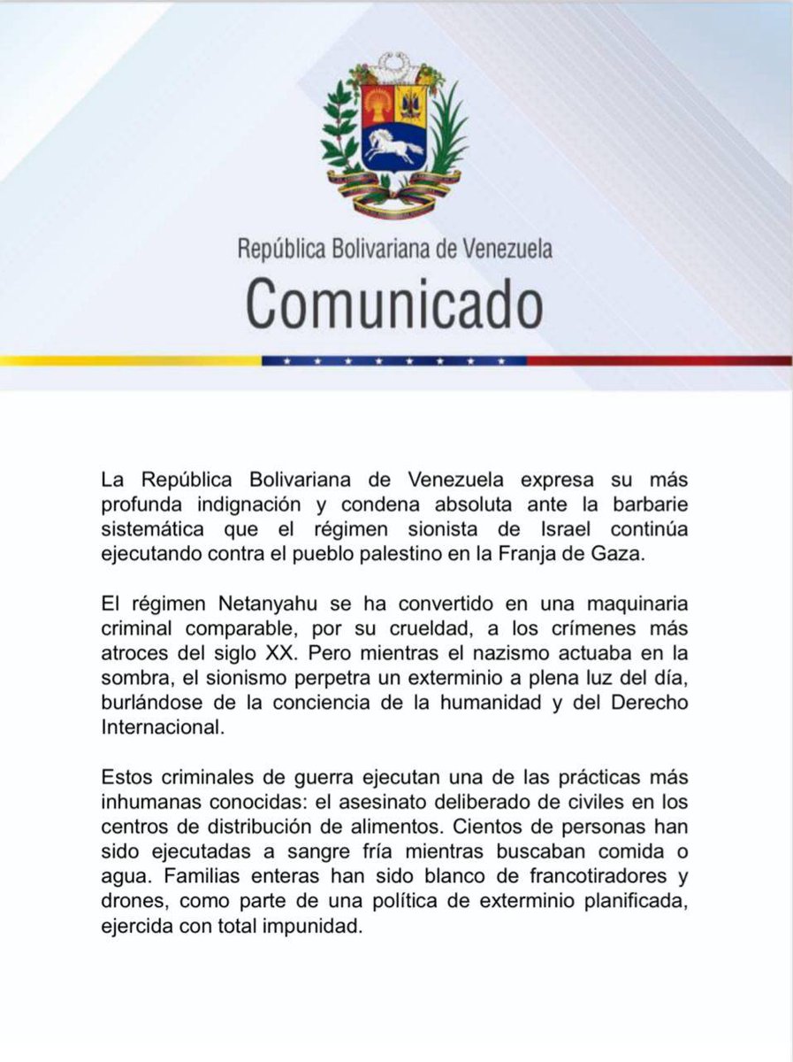 MisionVenOPAQ's tweet image. La República Bolivariana de #Venezuela expresa su más profunda indignación y condena absoluta ante la barbarie sistemática que el régimen sionista de Israel continúa ejecutando contra el pueblo palestino en la Franja de #Gaza.