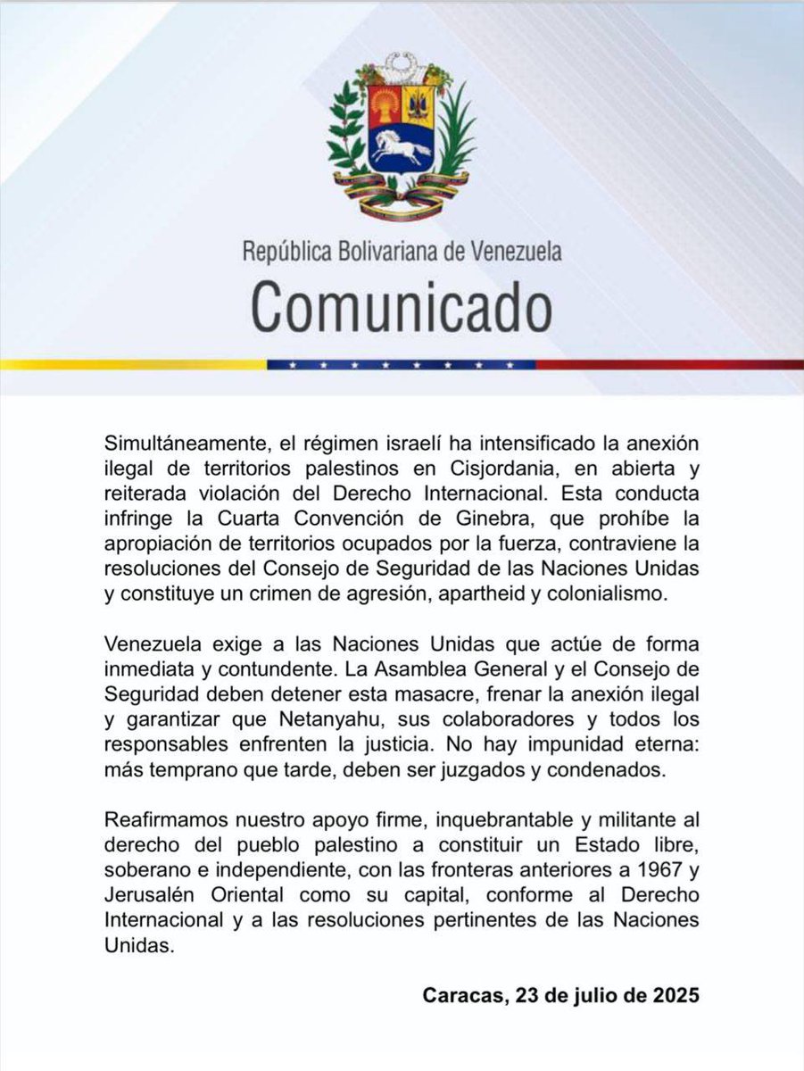 MisionVenOPAQ's tweet image. La República Bolivariana de #Venezuela expresa su más profunda indignación y condena absoluta ante la barbarie sistemática que el régimen sionista de Israel continúa ejecutando contra el pueblo palestino en la Franja de #Gaza.