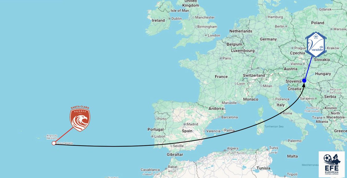 TheEuroFE's tweet image. 🇵🇹➡️🇭🇷 Santa Clara, who are based in Ponta Delgada, the capital of the Azores in the middle of the Atlantic qualified for Europe!
Their campaign starts TODAY!
They face a 3458km journey to Croatia to face NK Varaždin in the second qualifying round of the Conference League!