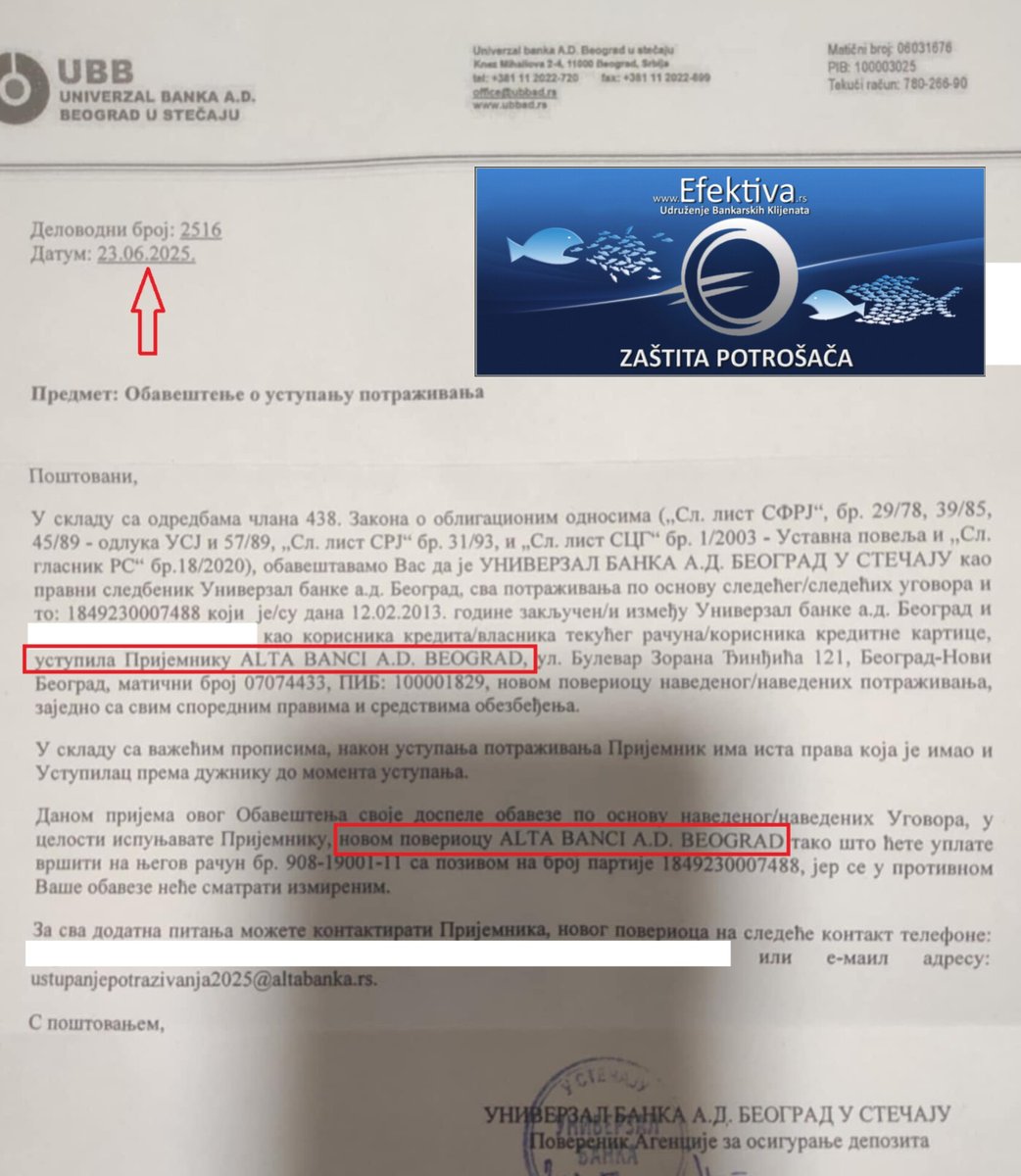 UBKEFEKTIVA's tweet image. Novi posao za Alta banku‼️
Jun mesec ove godine izuzetno berićetan za ovu banku. Posle prebacivanja računa za struju i naplate parkiranja u garažama, Alta banka je preuzela potraživanja Univerzal banke u stečaju‼️
Na slici je dopis o ustupanju potraživanja, kojim se jedan od…