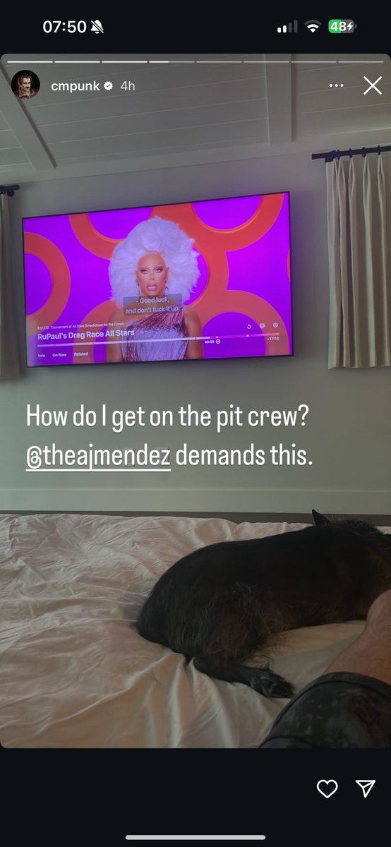CMPunkStories's tweet image. CM Punk posts that AJ demands he find out how to get on the RuPaul’s Drag Race Pit Crew.
23rd July 2025