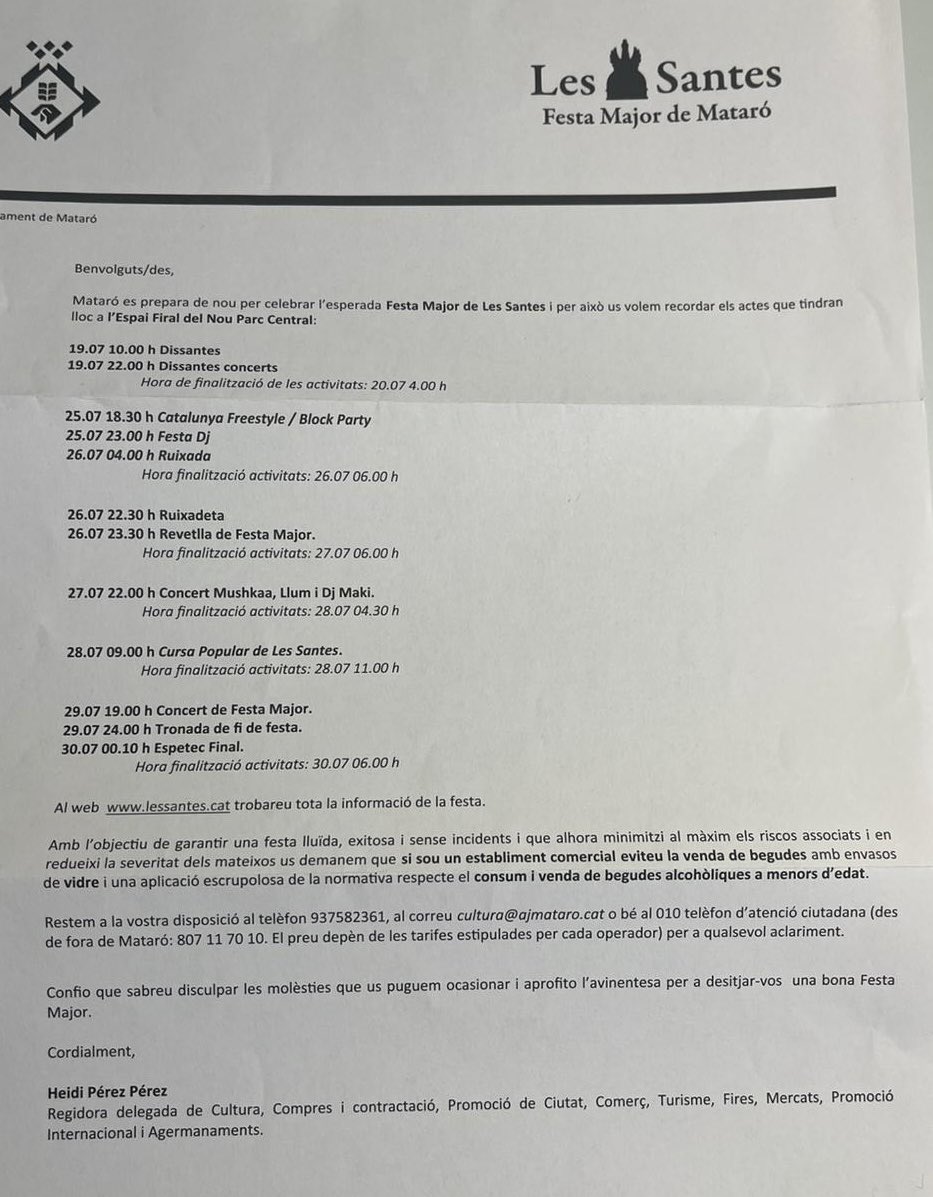 Per una santera exiliada de matarò aquest és un escrit difícil. 
Constato amb tristesa que l’<a href="/matarocat/">Ajuntament de Mataró</a> no pensa massa en el benestar dels veins.
Un % molt alt de les activitats nocturnes de la festa major es concentren a 1 sol lloc, el parc.
