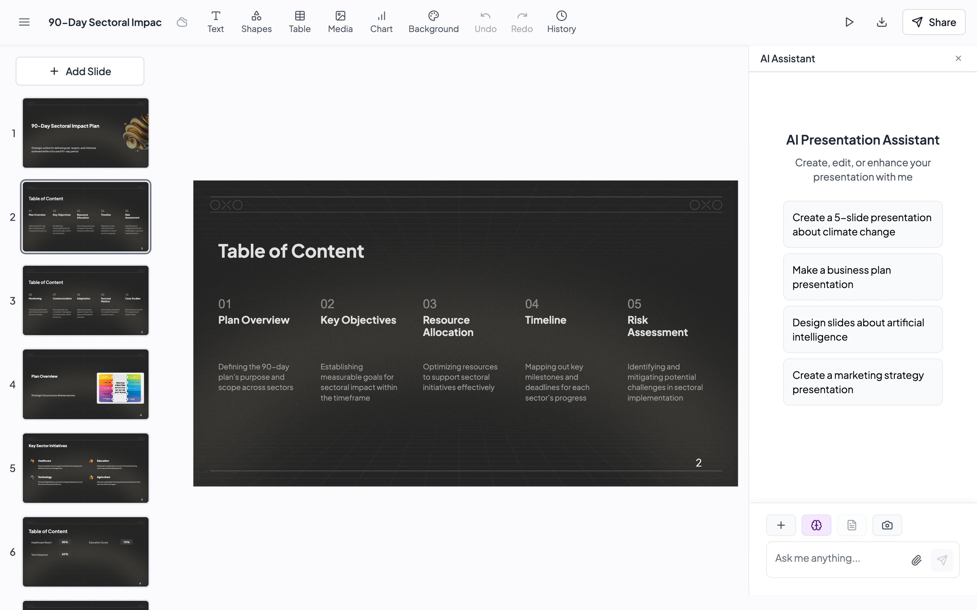 MagicSlides.app interface generating a PowerPoint presentation with AI assistant, featuring a 90-Day Sectoral Impact Plan and editable slide deck UI.