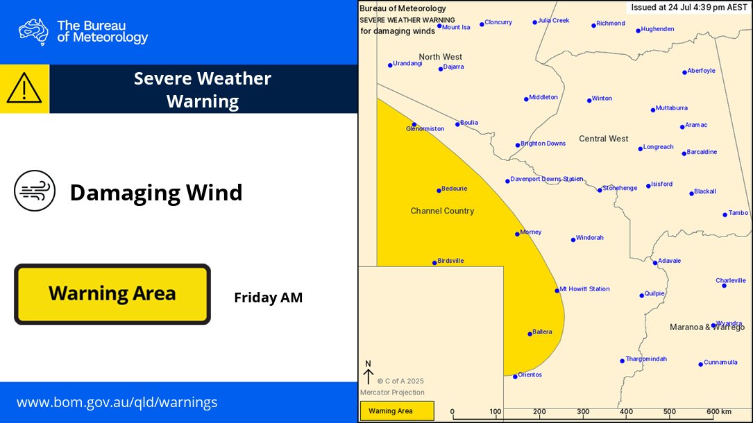 BOM_Qld's tweet image. ⚠️Severe Weather Warning for #DamagingWinds for parts of the Channel Country forecast district.
Damaging winds with a vigorous front over the southwest from Friday morning.
Details: bom.gov.au/products/IDQ21…