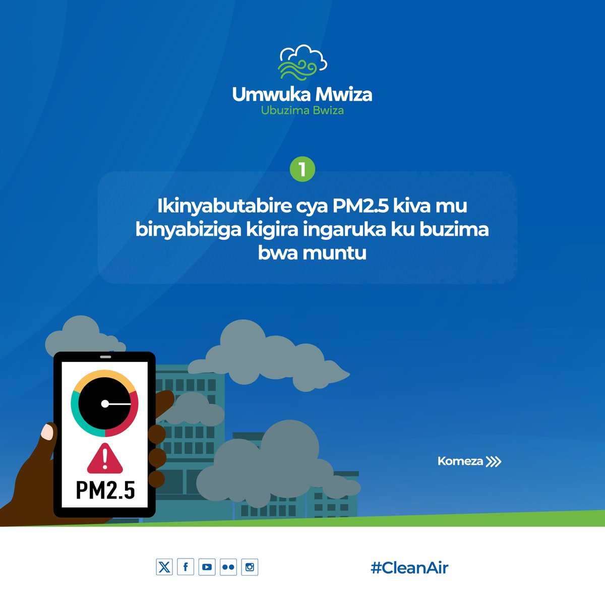 EnvironmentRw's tweet image. MENYA ikinyaburatabire cya PM2.5
Kiva mu binyabiziga kikagira ingaruka ku buzima bwa muntu.
Utu tunyabutabire tutagaragarira ijisho, iyo umuntu aduhumetse tugera mu bihaha no mu miyoboro y’amaraso, bigatera indwara z’ubuhumekero n’iz'umutima.
#UmwukaMwiza #UbuzimaBwiza